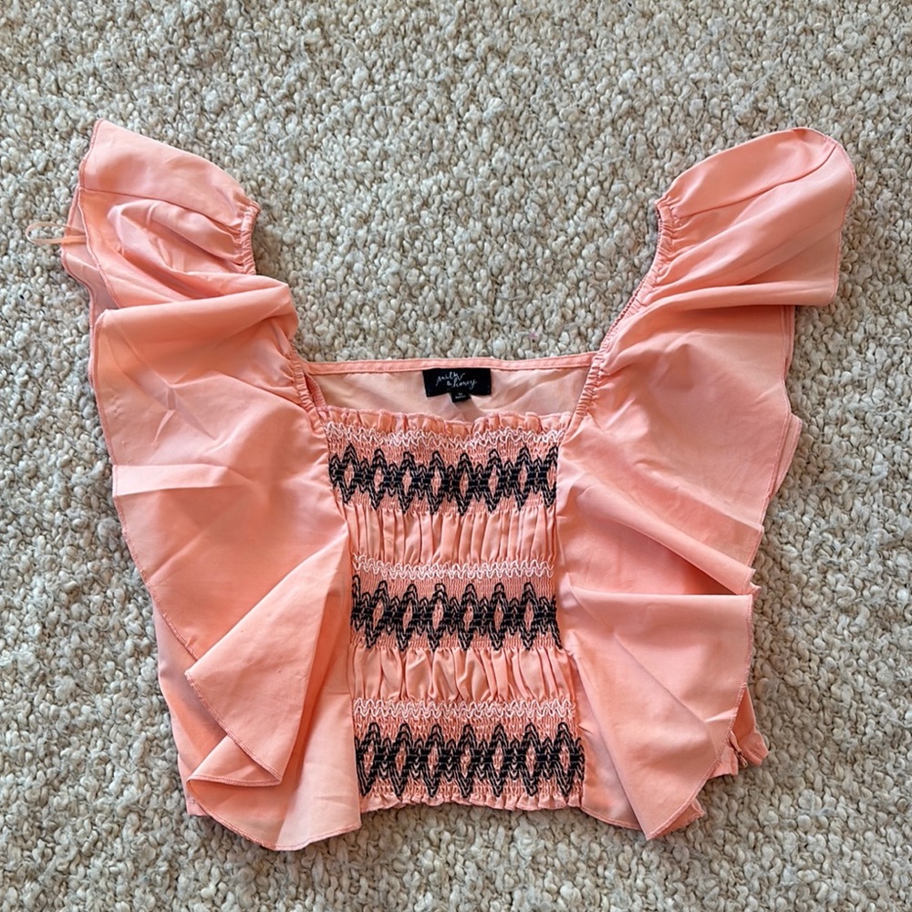 Flutter Sleeve Smocked Ruffled Blouse Size M